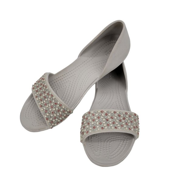 CROCS Shoes - CROCS Size 5 Lina D'orsay Embellishes Flats Open Toe Gray Pink Slip On Womens